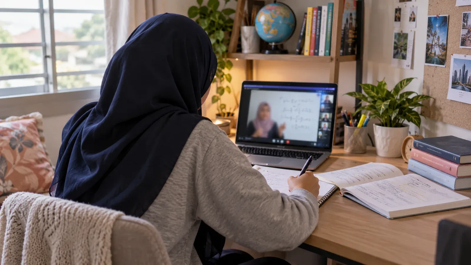 Pelajar mencatat nota di sebelah komputer riba semasa kelas dalam talian