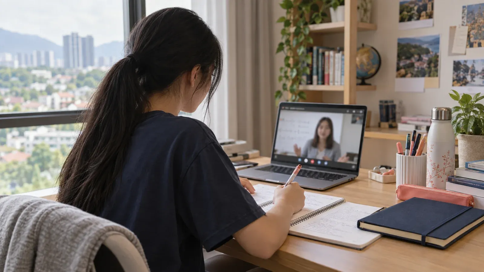Student taking notes beside a laptop during an online lesson