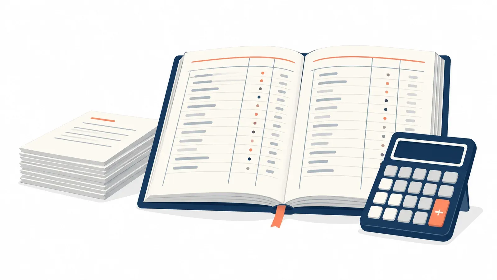 Illustration of a ledger book, a calculator and tidy columns of figures