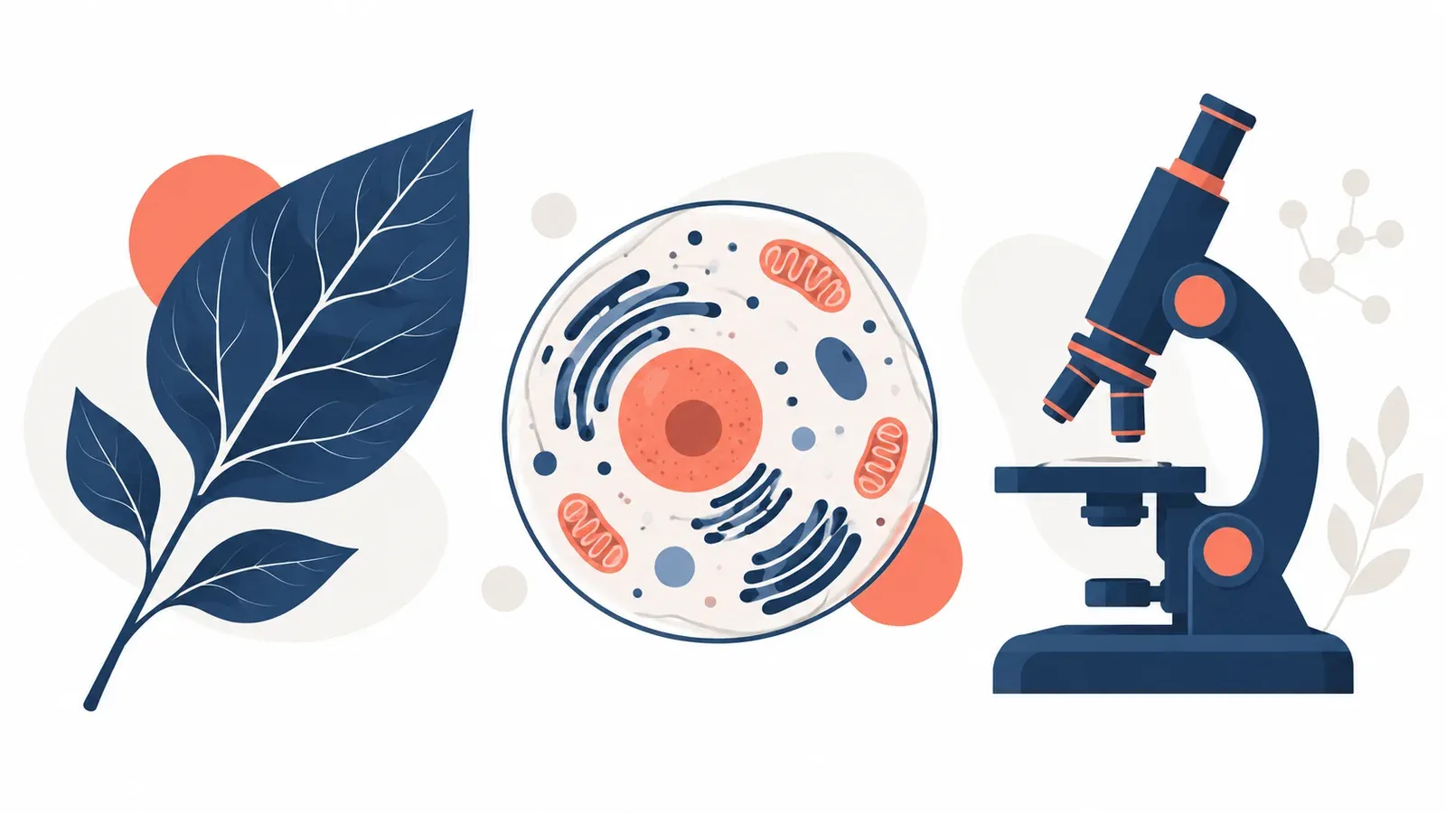 Illustration of a leaf, a cell diagram and a microscope