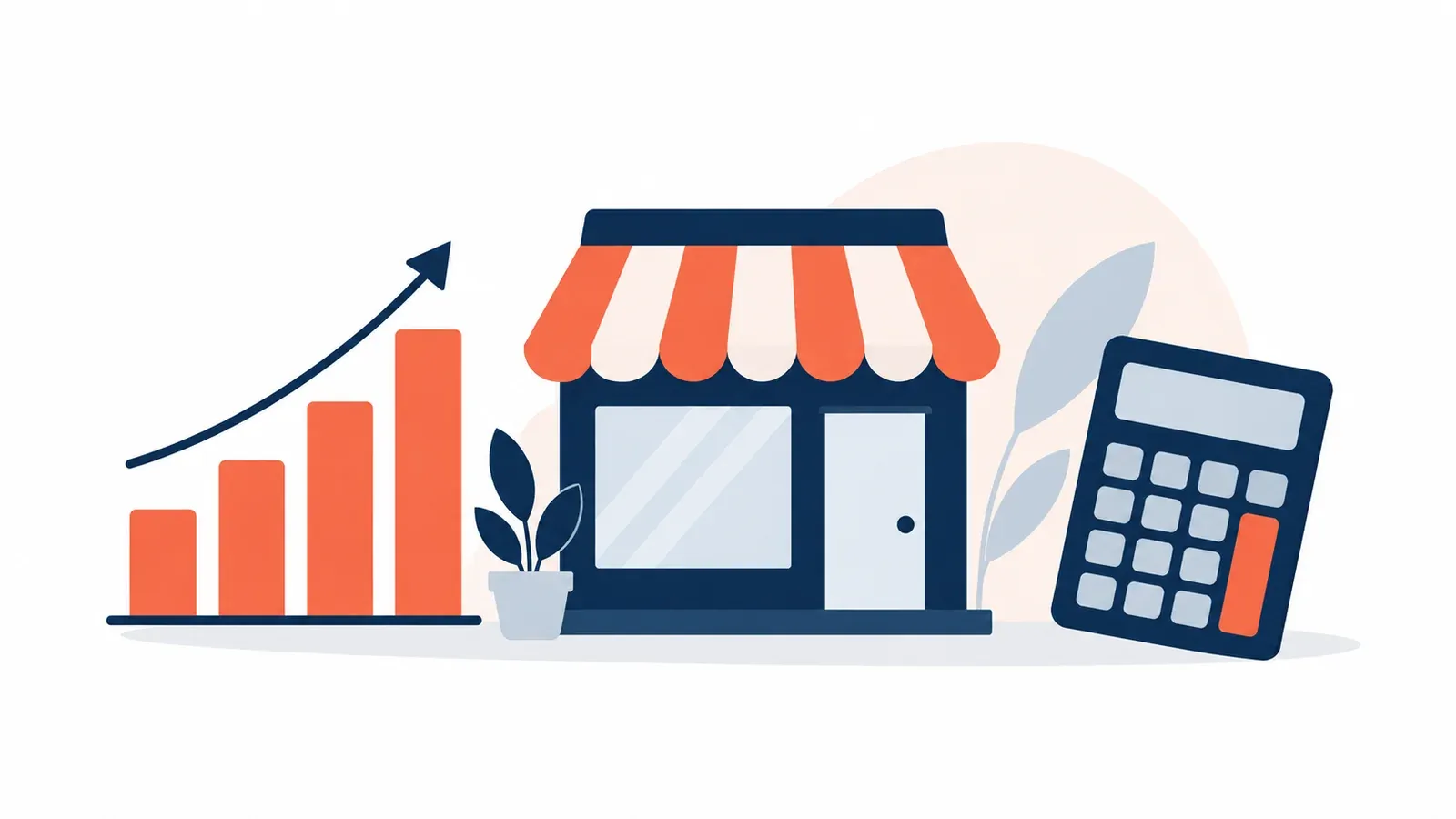 Illustration of a small shop, a bar chart and a calculator