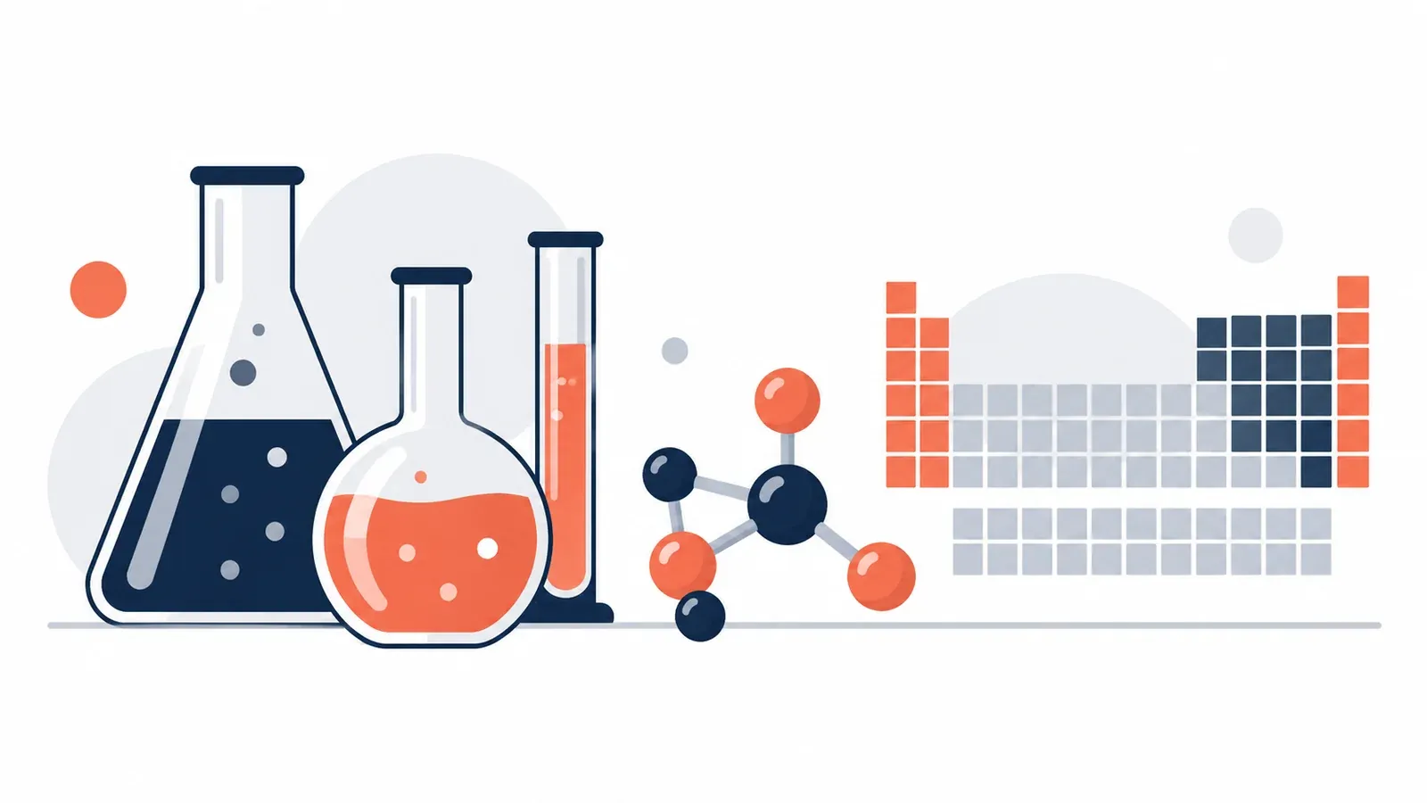 Illustration of laboratory flasks, a molecule model and a periodic-table-style grid