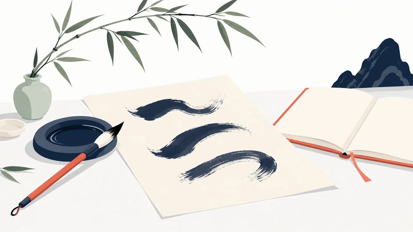 Illustration of brush and ink strokes, a bamboo branch and a notebook