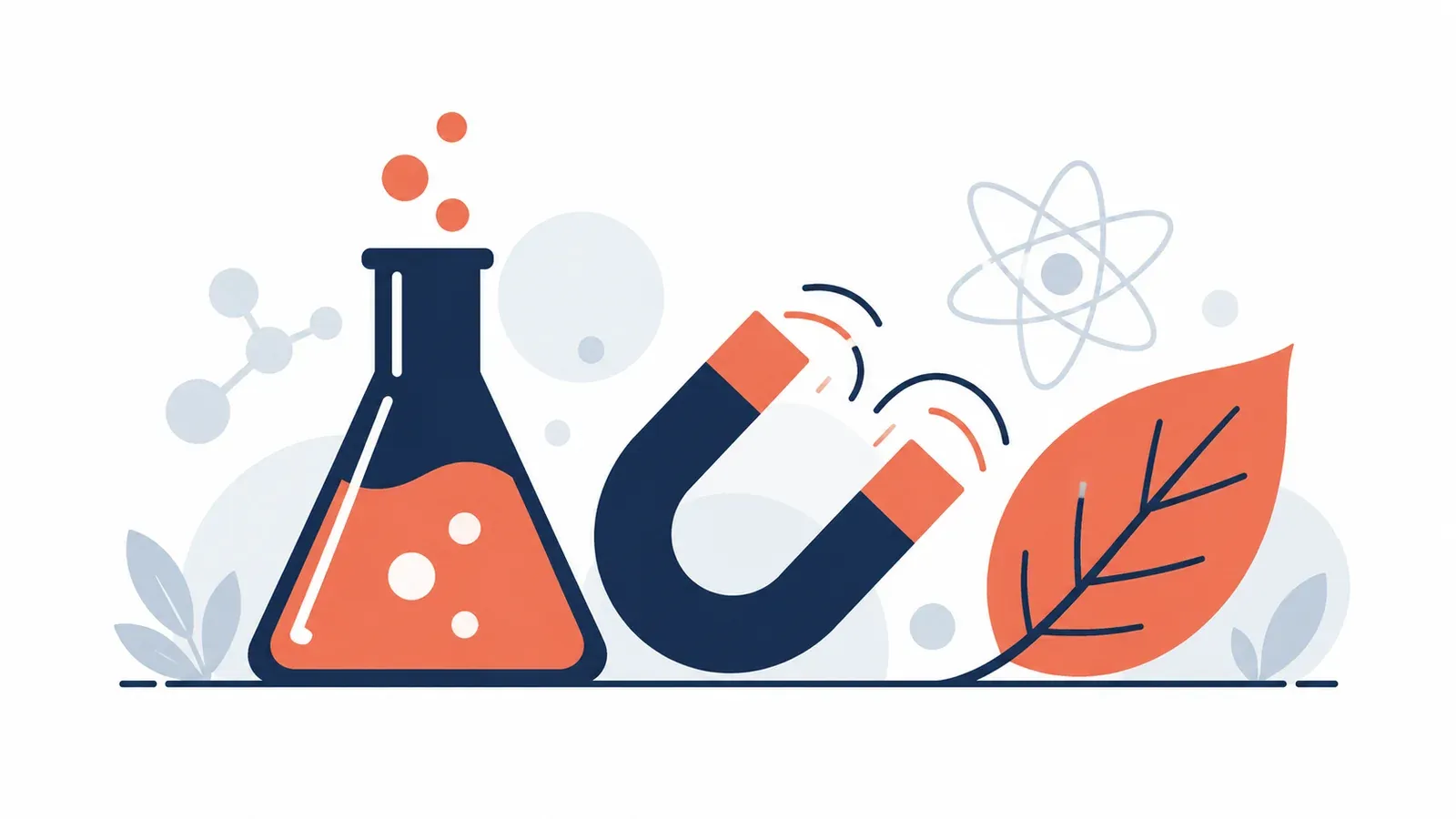 Illustration of a flask, a magnet and a leaf arranged together