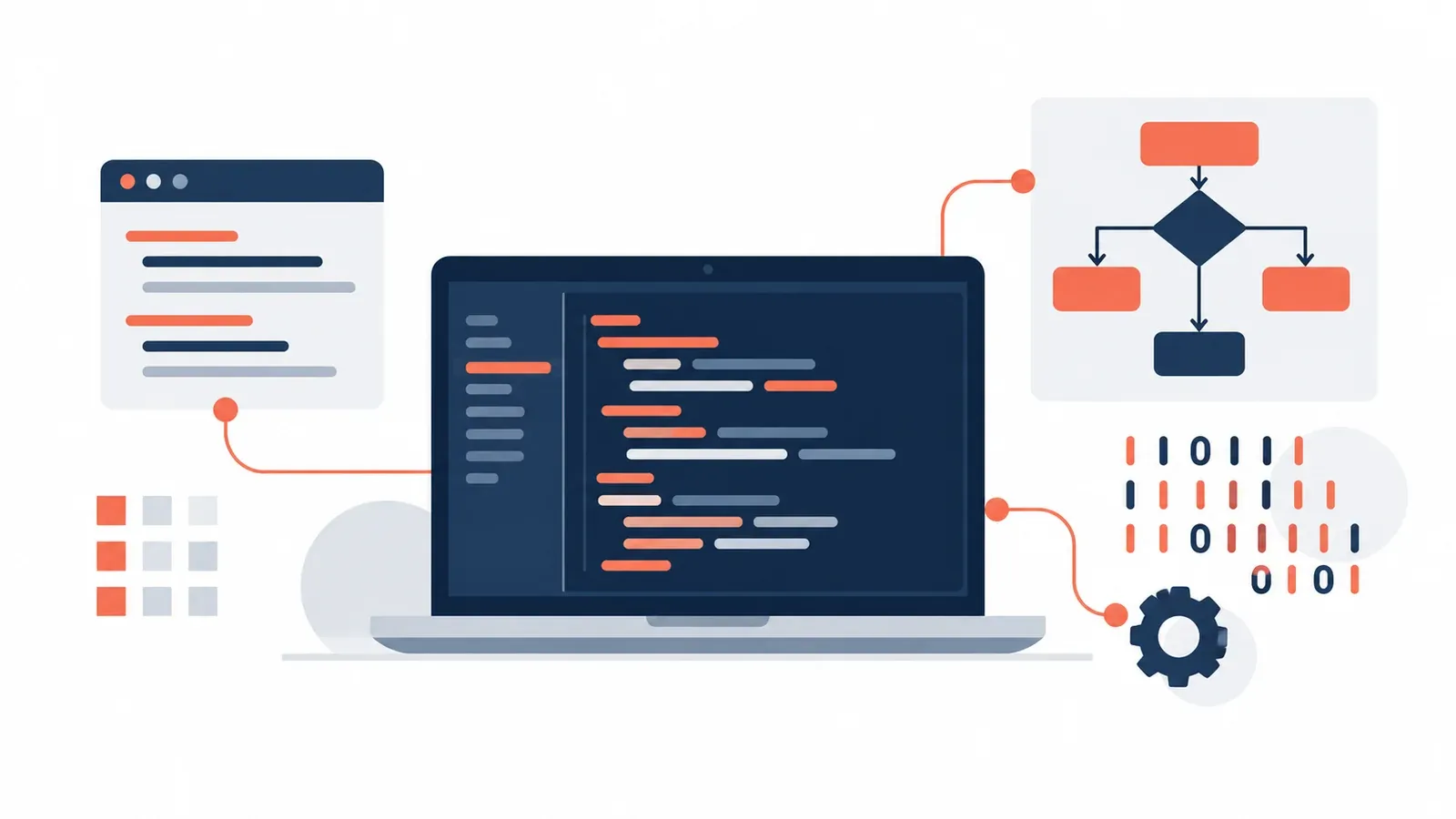 Illustration of a laptop with code blocks, a flowchart and binary digits