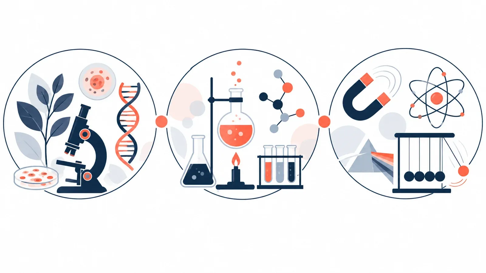 Illustration of three linked panels showing biology, chemistry and physics apparatus