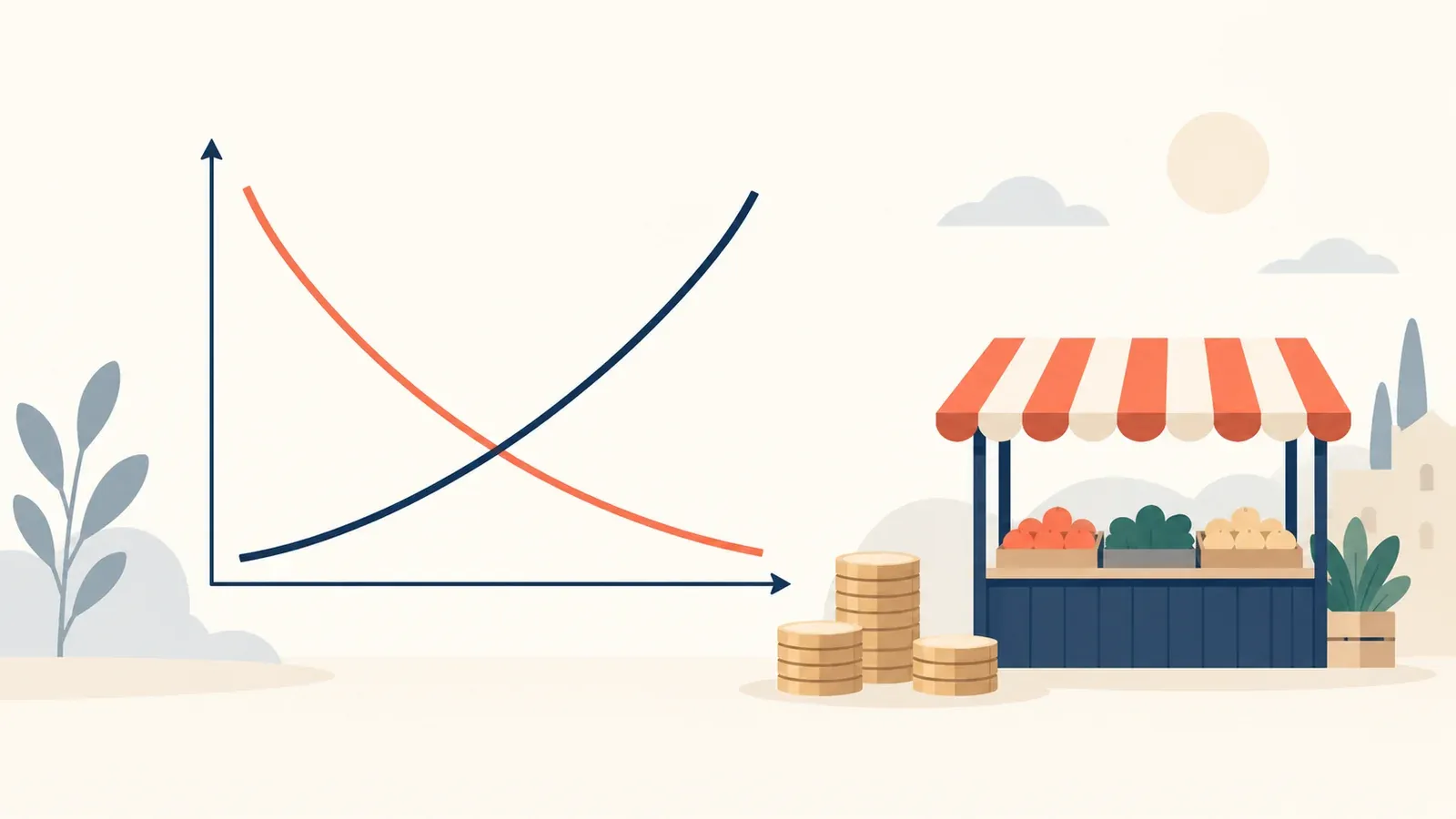 Illustration of crossing supply and demand curves, coins and a market stall