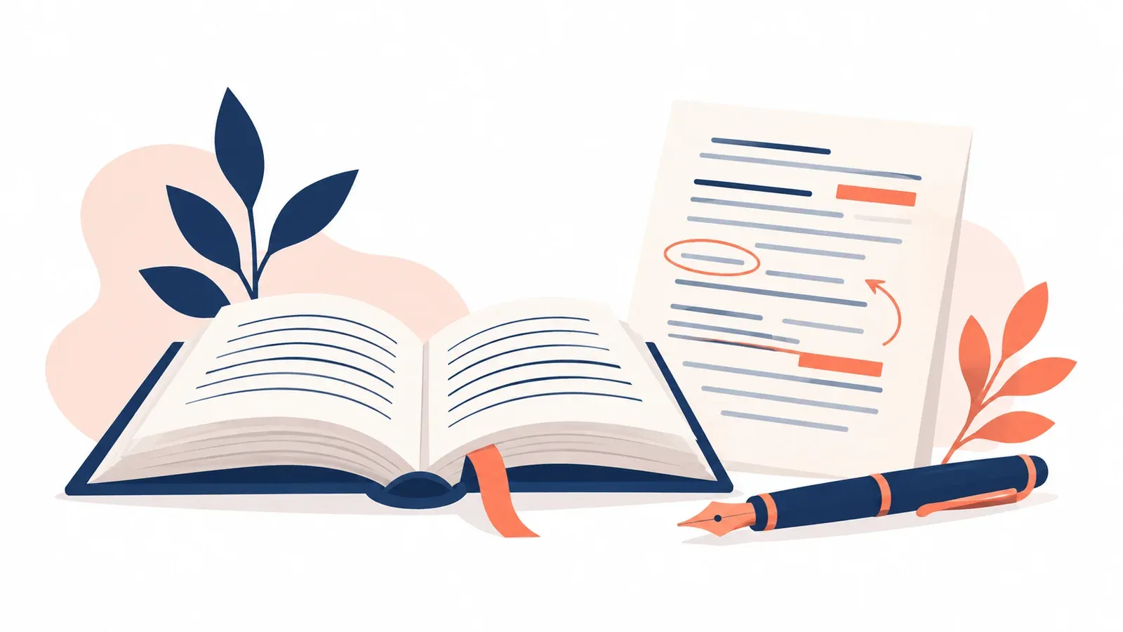 Illustration of an open book, a fountain pen and a page of annotated writing