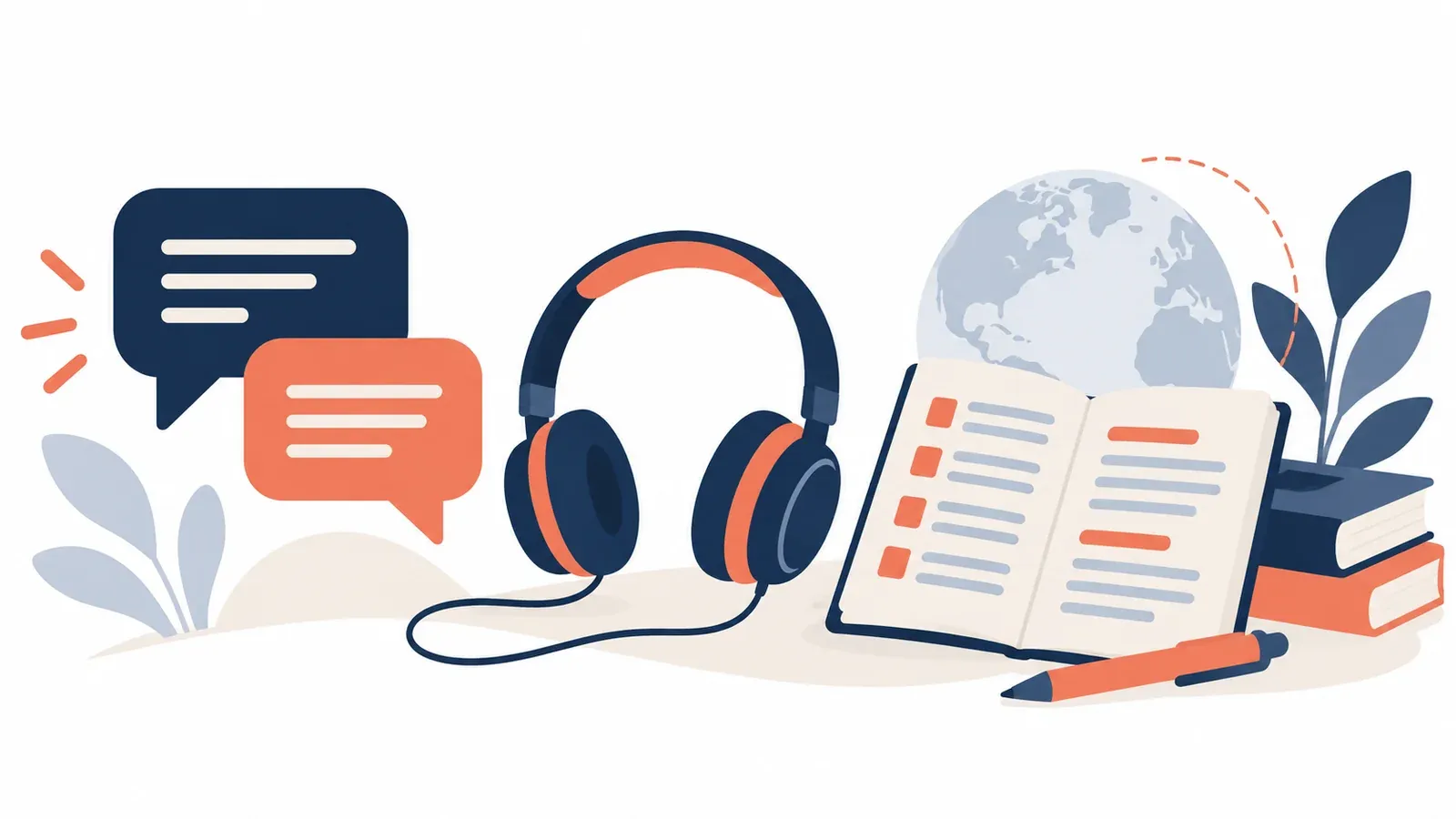 Illustration of speech bubbles, headphones and a vocabulary notebook