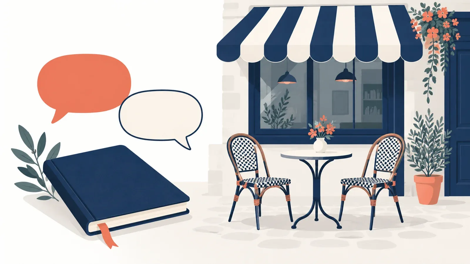 Illustration of a French-style cafe awning, speech bubbles and a notebook