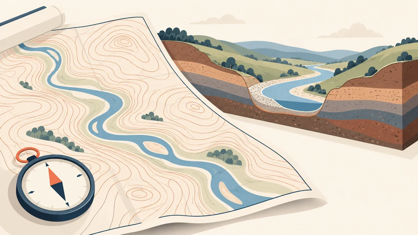 Illustration of a contour map, a compass and a river valley cross-section