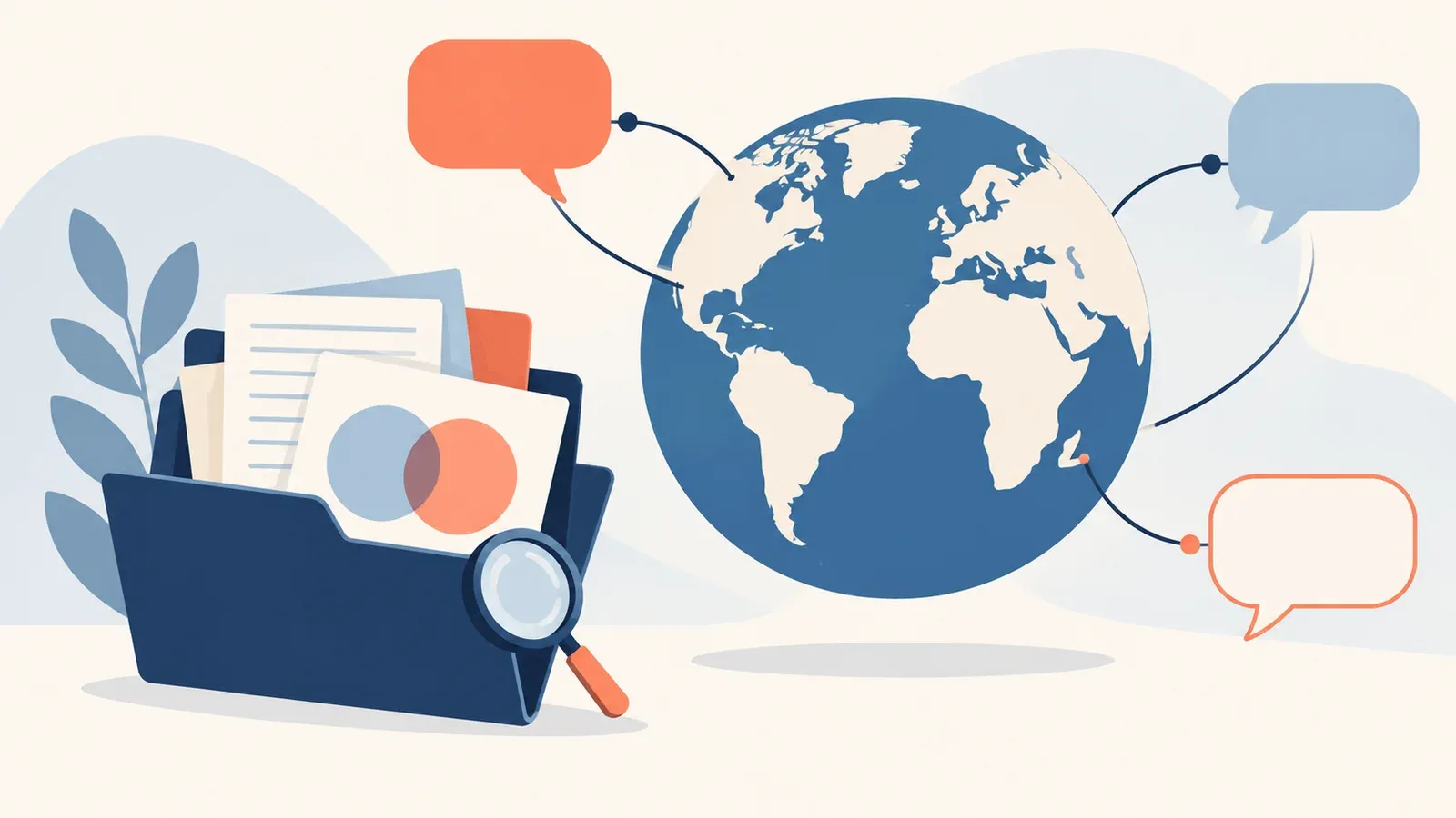 Illustration of a globe with linked discussion bubbles and a research folder