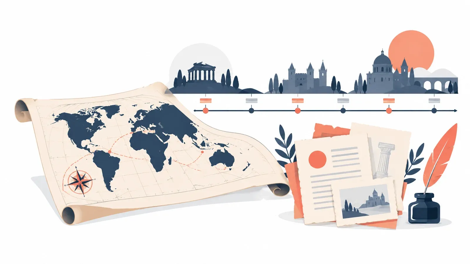 Illustration of an old map, a timeline and a stack of source documents