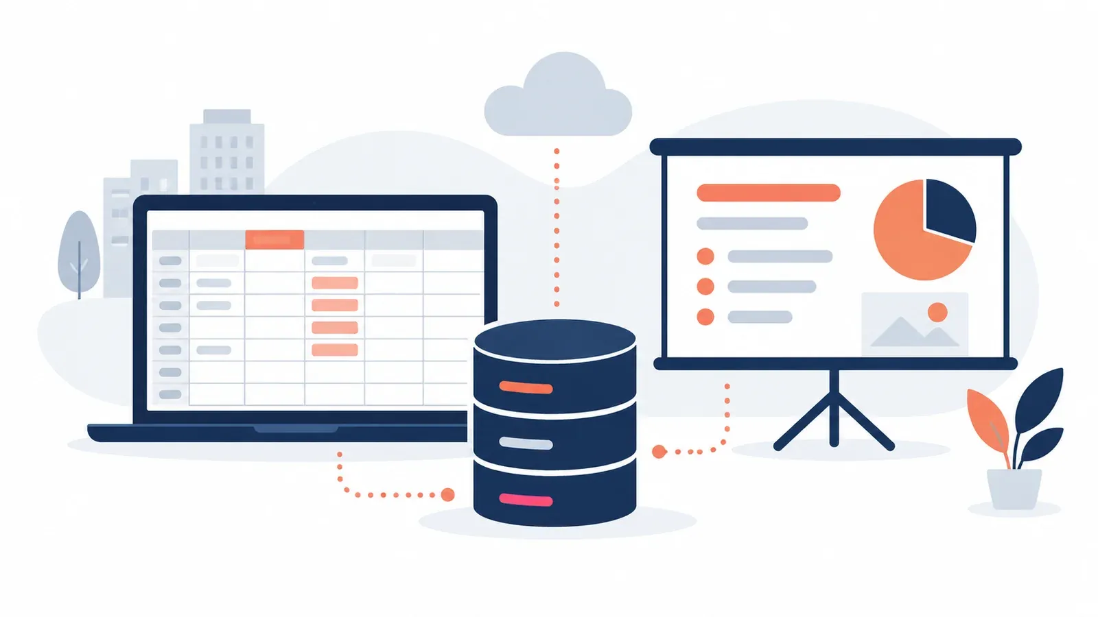 Illustration of a spreadsheet grid, a database table and a presentation slide