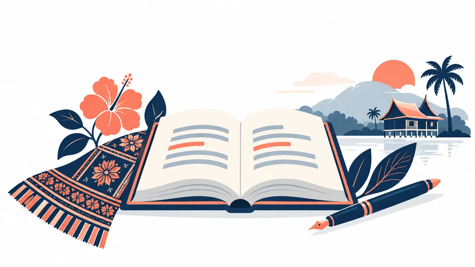 Illustration of an open book with a songket-inspired border pattern and a pen