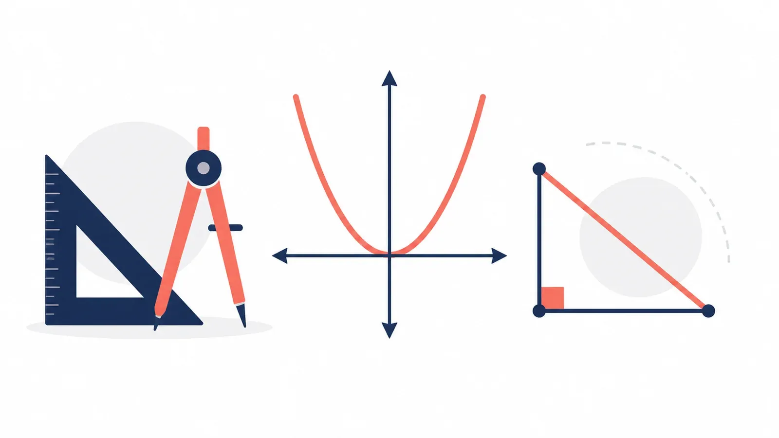 Illustration of a geometry set, graph axes with a parabola and a right-angled triangle diagram