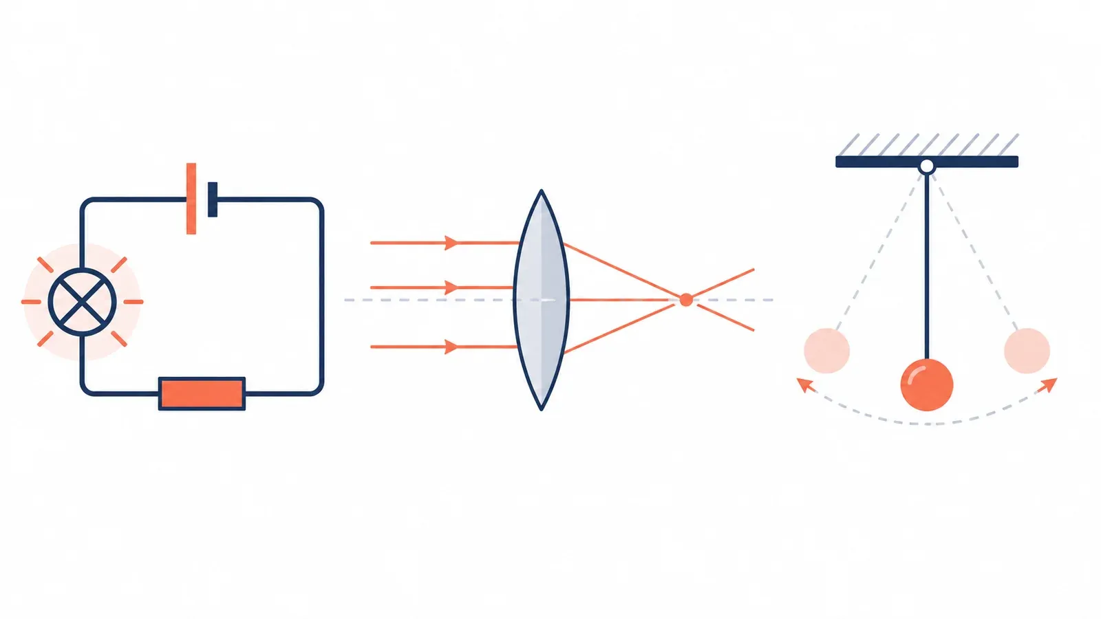 Illustration of a simple circuit, a ray diagram through a lens and a pendulum
