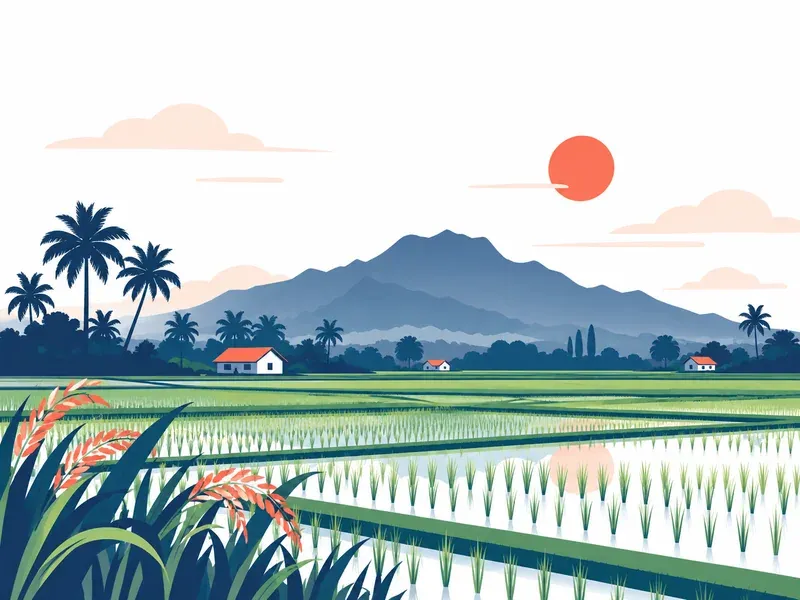 Illustration of Kedah: green paddy fields with a distant mountain silhouette