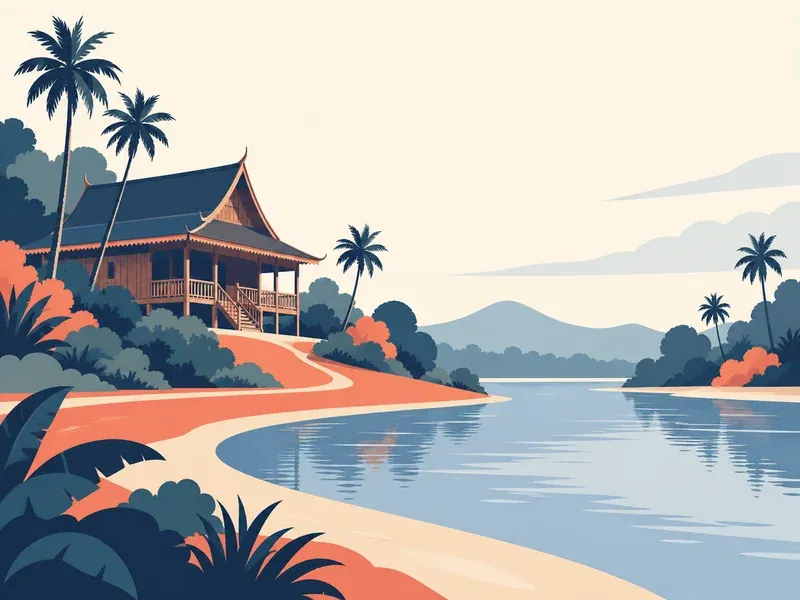 Illustration of Kelantan: a traditional wooden house roofline and a river bend