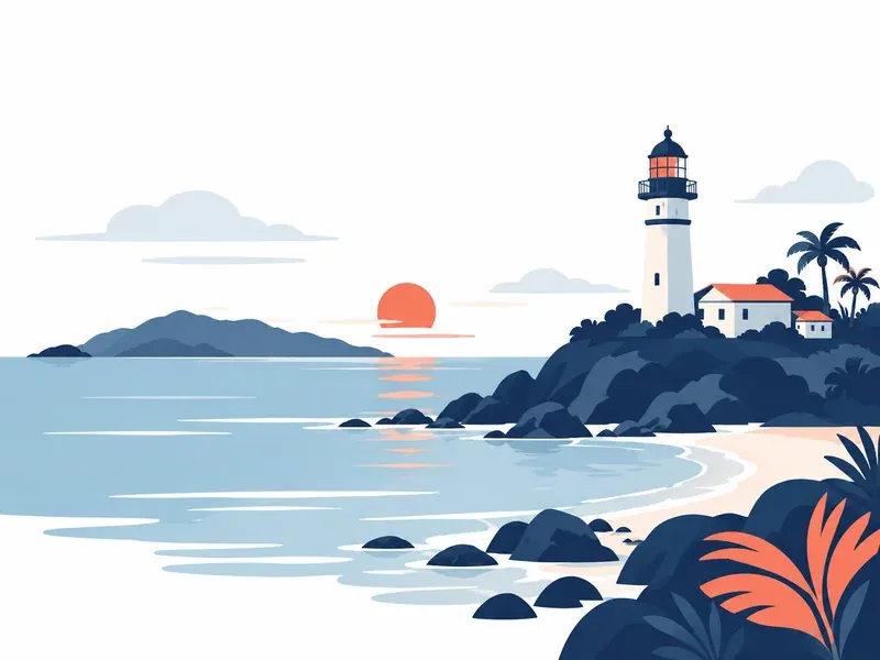 Illustration of Labuan: an island coastline with a lighthouse and calm sea