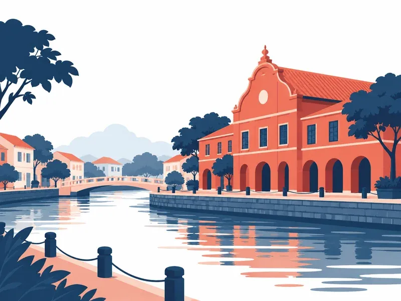 Illustration of Melaka: a historic red-roofed colonial building beside a river