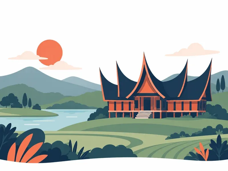 Illustration of Negeri Sembilan: a Minangkabau-style sweeping roof among green hills