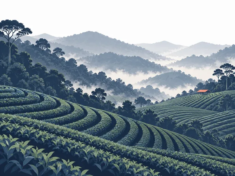 Illustration of Pahang: rainforest hills with highland tea-field terraces
