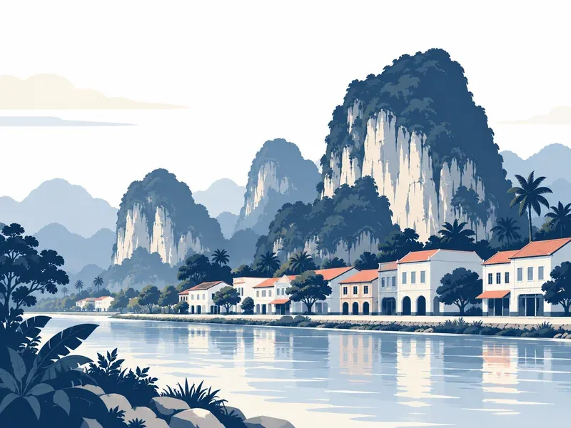 Illustration of Perak: limestone hills and a quiet town skyline