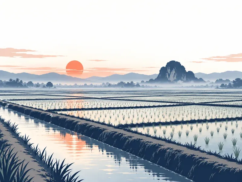 Illustration of Perlis: flat paddy land with a small hill and a sunrise