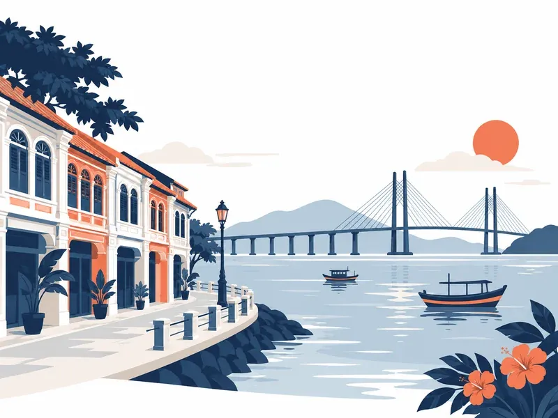 Stylised illustration of a heritage shophouse row and a bridge over the sea