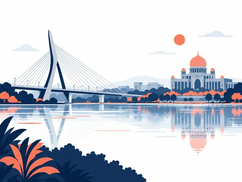 Illustration of Putrajaya: a planned-city bridge and lake with a domed building silhouette