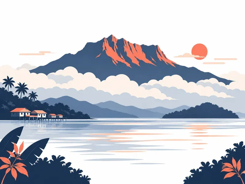 Illustration of Sabah: a tall mountain above clouds with the sea in front