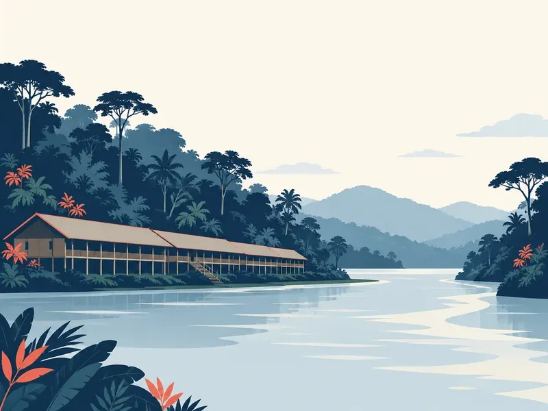 Illustration of Sarawak: a river with a longhouse silhouette and rainforest