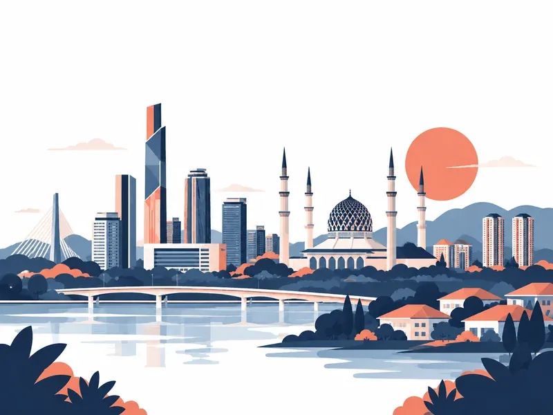 Stylised illustration of a modern suburban skyline with a mosque dome and towers