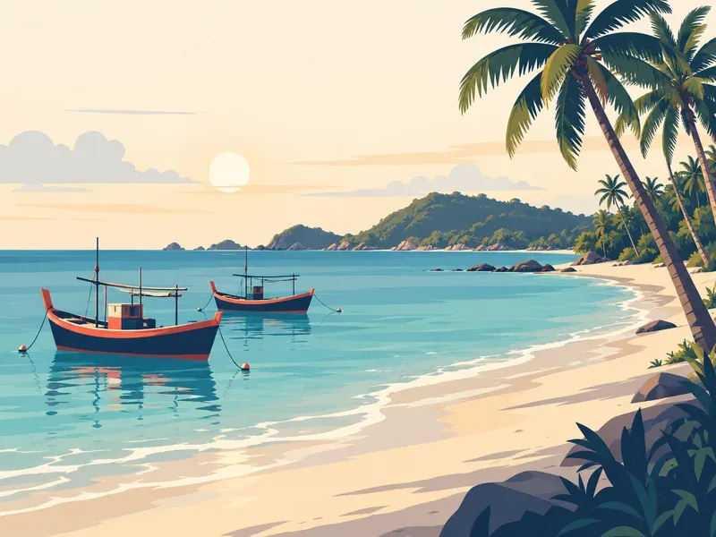Illustration of Terengganu: a coastline with fishing boats and a palm-lined beach