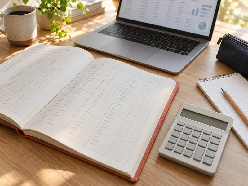 Open ledger book, calculator and notepad on a desk beside a laptop showing financial charts