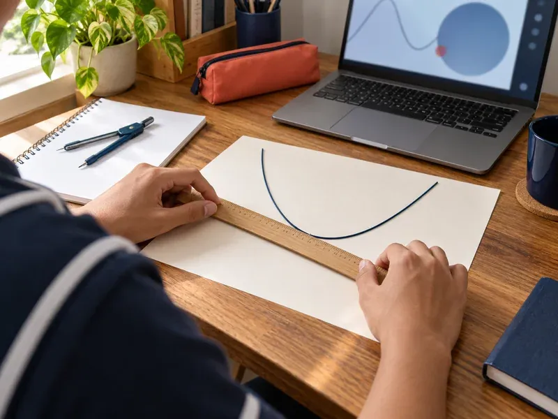 Pelajar melukis lengkung dengan pembaris di atas kertas, bersebelahan jangka lukis dan komputer riba