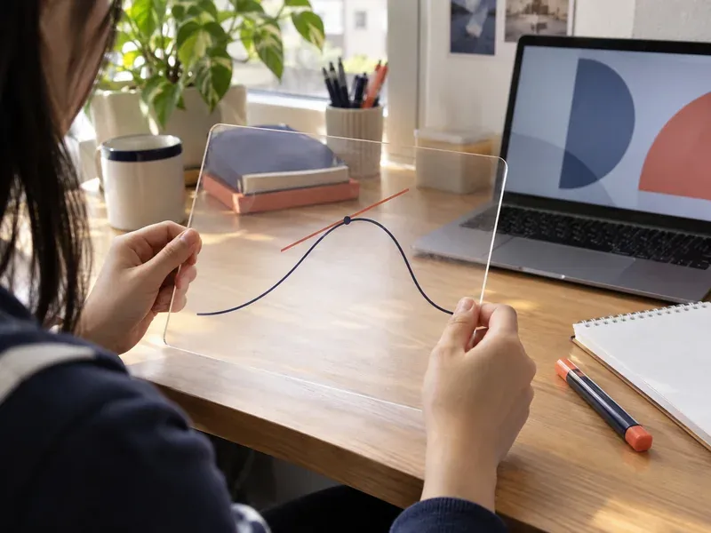Student holding a clear sheet with a curve and tangent line beside a laptop showing shapes
