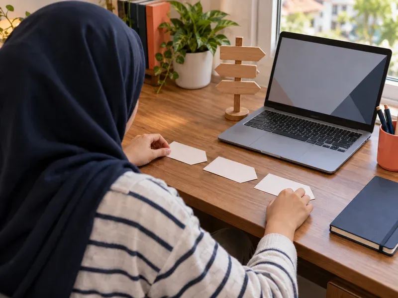 Pelajar meletakkan kad kertas bentuk anak panah di meja di sebelah komputer riba dan papan tanda kayu