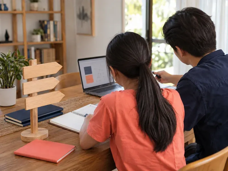 Student and tutor sitting at a table looking at a laptop, with a wooden signpost and notebook nearby