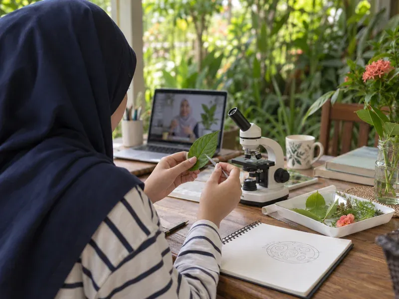 Pelajar memeriksa daun di sebelah mikroskop dan buku nota