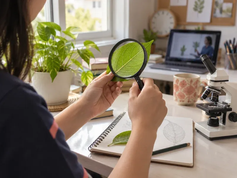 Student examining a leaf beside a microscope and a notebook