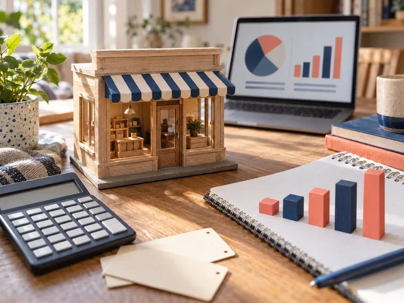 Miniature wooden shop with striped awning beside a calculator, bar blocks on a notebook and a laptop showing charts