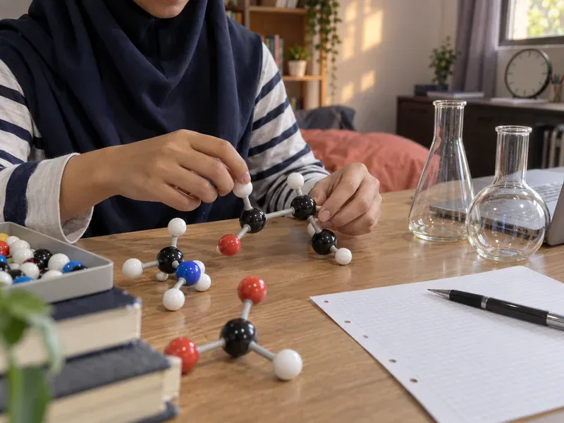 Pelajar membina model molekul di sebelah kelalang makmal kaca
