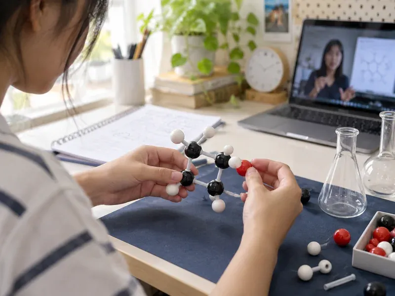 Student building a molecule model beside glass laboratory flasks