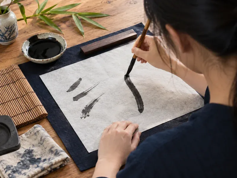 Student writing brush strokes on rice paper with an ink dish and bamboo mat beside them