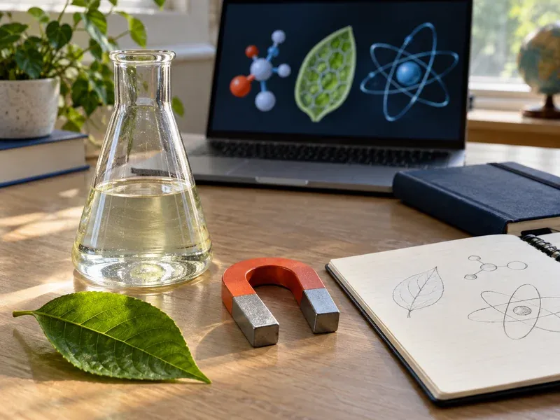 Conical flask, magnet and green leaf on a desk beside a notebook sketch and laptop showing science models