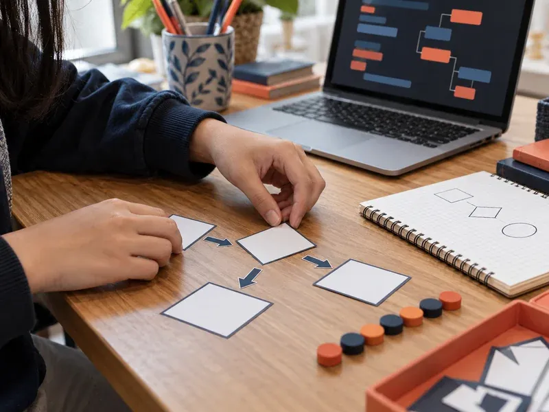 Student arranging paper flowchart cards and tokens on a desk beside a laptop showing a flowchart