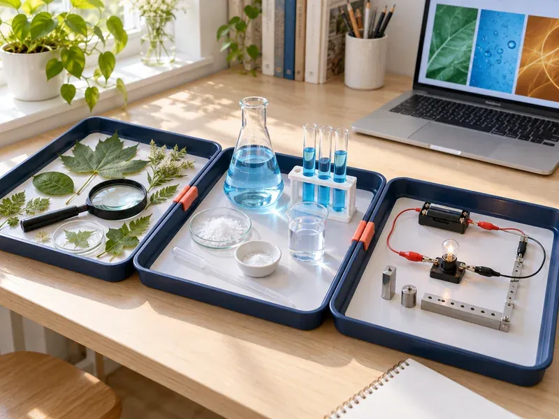 Trays of leaves, test tubes, flask and a bulb circuit on a desk beside a laptop showing science images