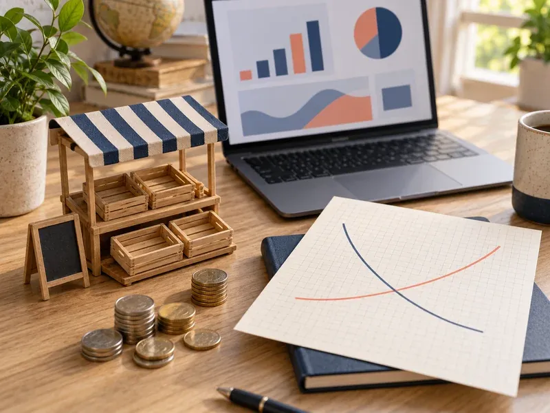 Miniature market stall with stacked coins, a supply and demand curve sheet and a laptop showing charts